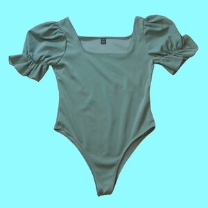 SHEIN Business Casual Mint Green Chic Puff Ruffle Sleeve Bodysuit